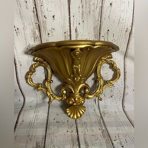 Vintage Hollywood Regency Style Gold Wall Shelf Ornate Detailed Italy Cherub